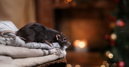 rat near Christmas tree